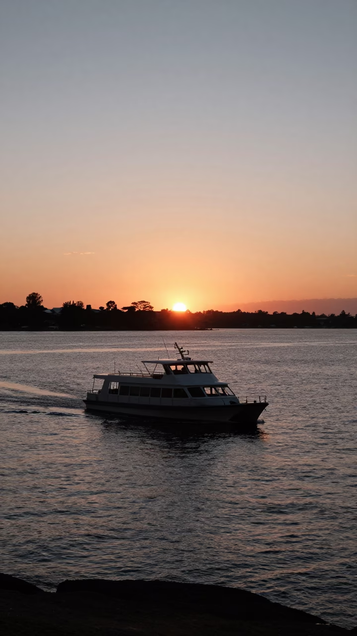 Sunset over Swan River Perth Western Australia with water taxi and city skyline in in Perth, Western Australia, Australia
