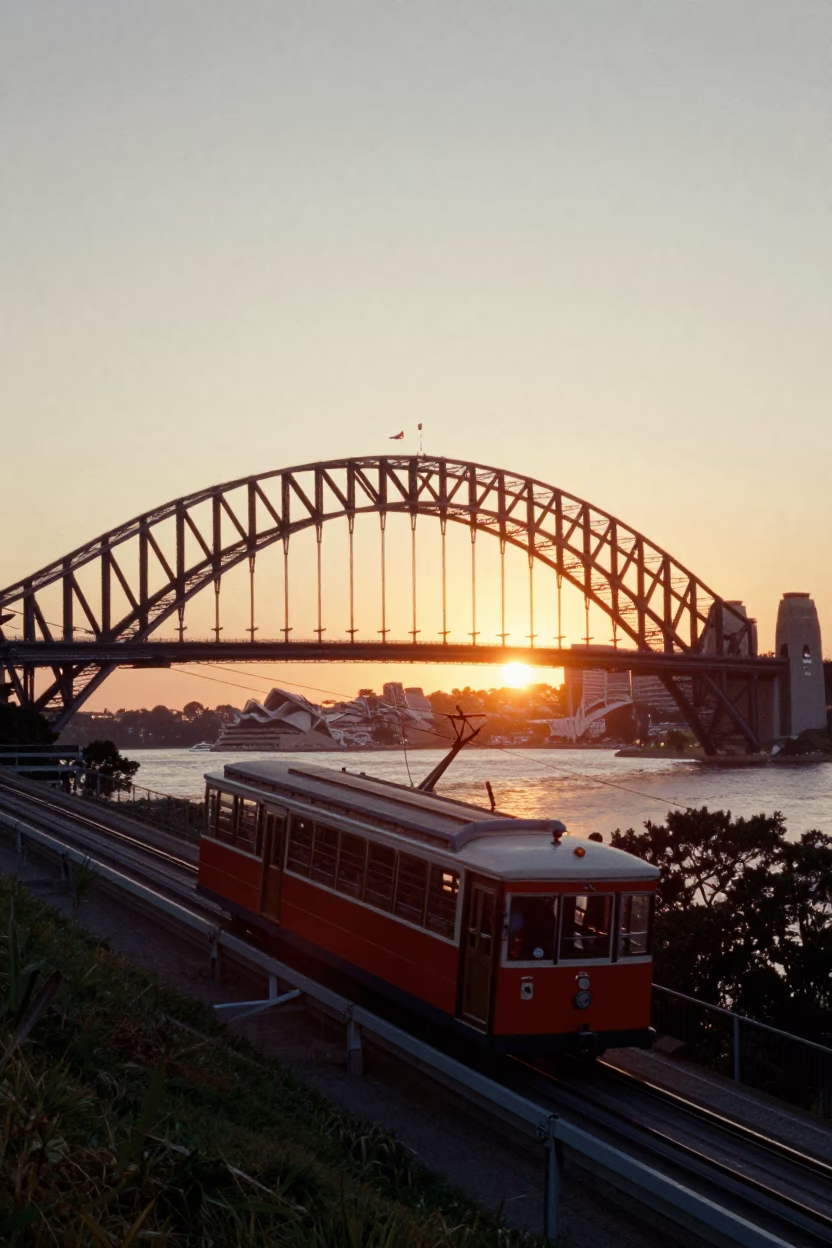 Sunset over Sydney Harbour Bridge with Funicular Railway and Condensation on Rail in in Sydney, New South Wales, Australia