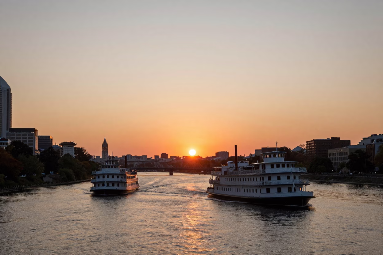 Sunset over the Schuylkill River with Vintage Philadelphia Riverboats and Urban Skyline in in Philadelphia, Pennsylvania, United States