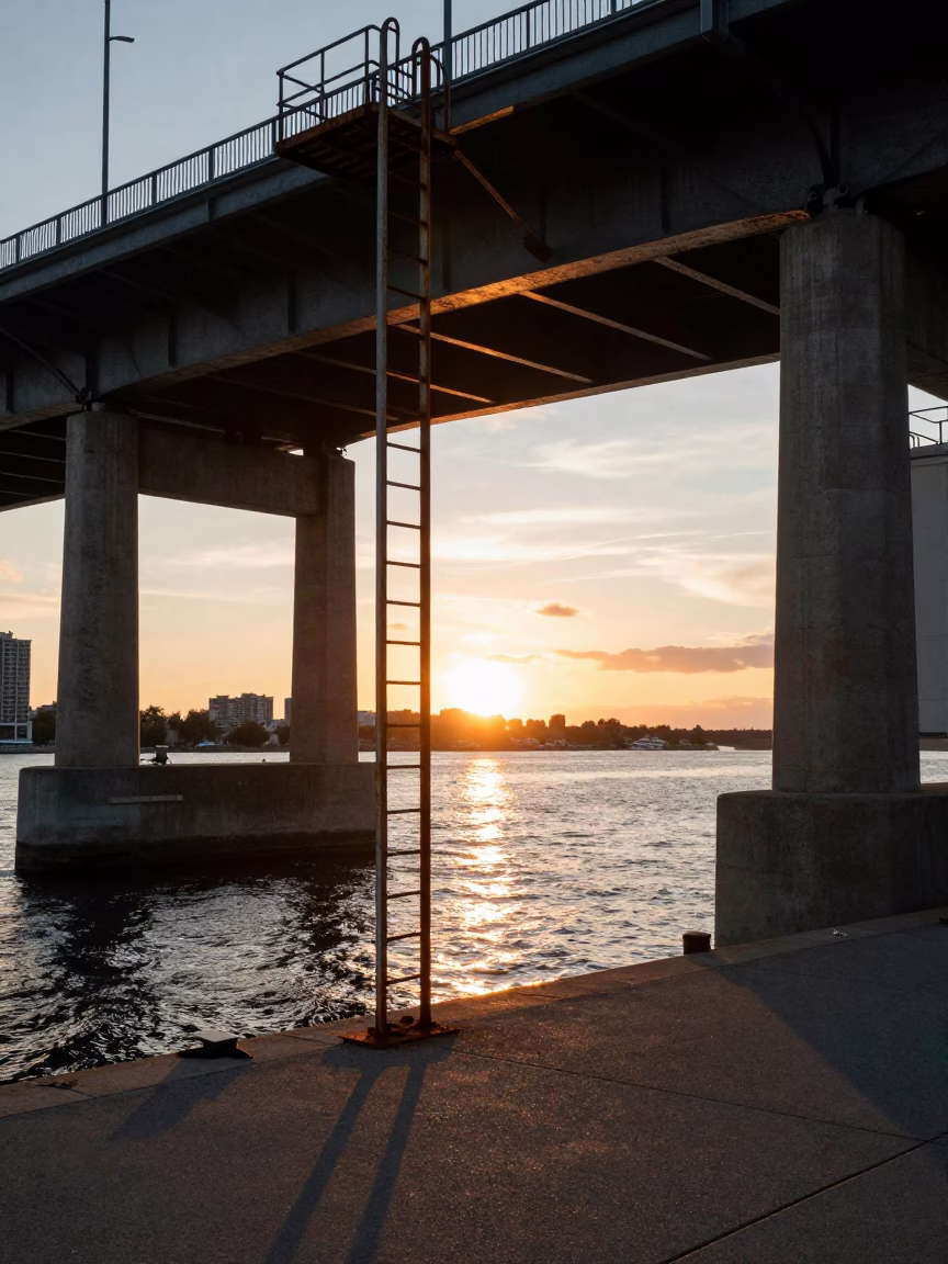 Sunset over Toronto Harbour Bridge Pier Inspection Ladder and Choppy Water in in Toronto, Ontario, Canada