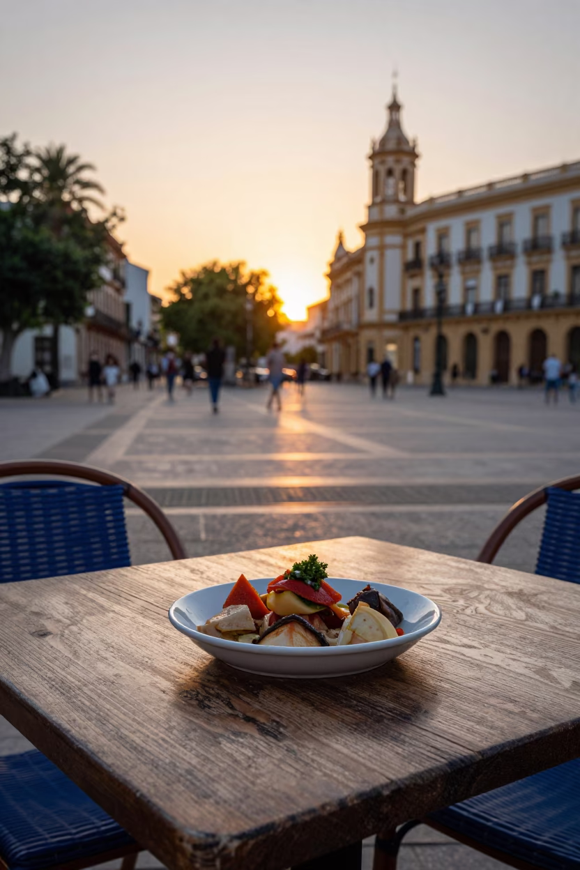 Sunset Over Valencia Plaza featuring Blue and White Porcelain Bowl and Mixing Jug in in Valencia, Spain