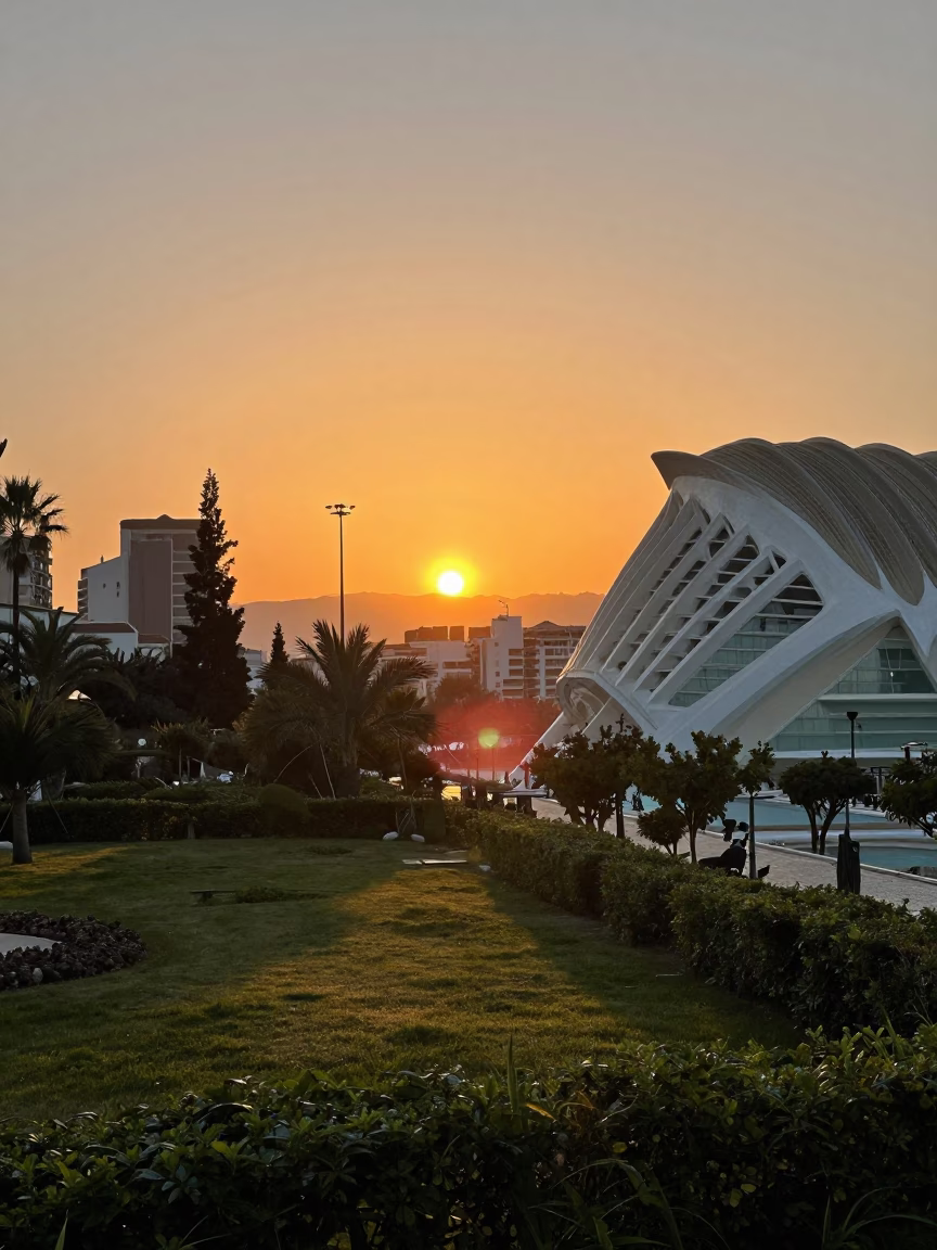 Sunset Over Valencia's Turia Gardens and City of Arts with Vibrant Sky in in Valencia, Spain