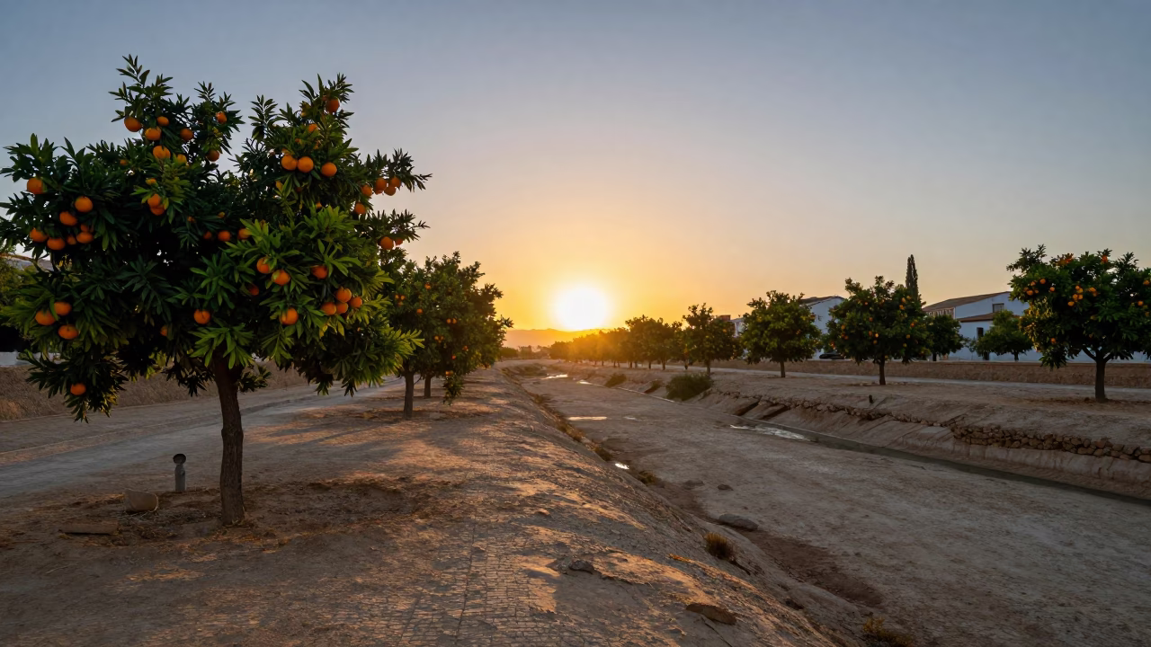 Sunset Over Valencia's Turia Gardens With Orange Trees And Traditional Architecture in in Valencia, Spain
