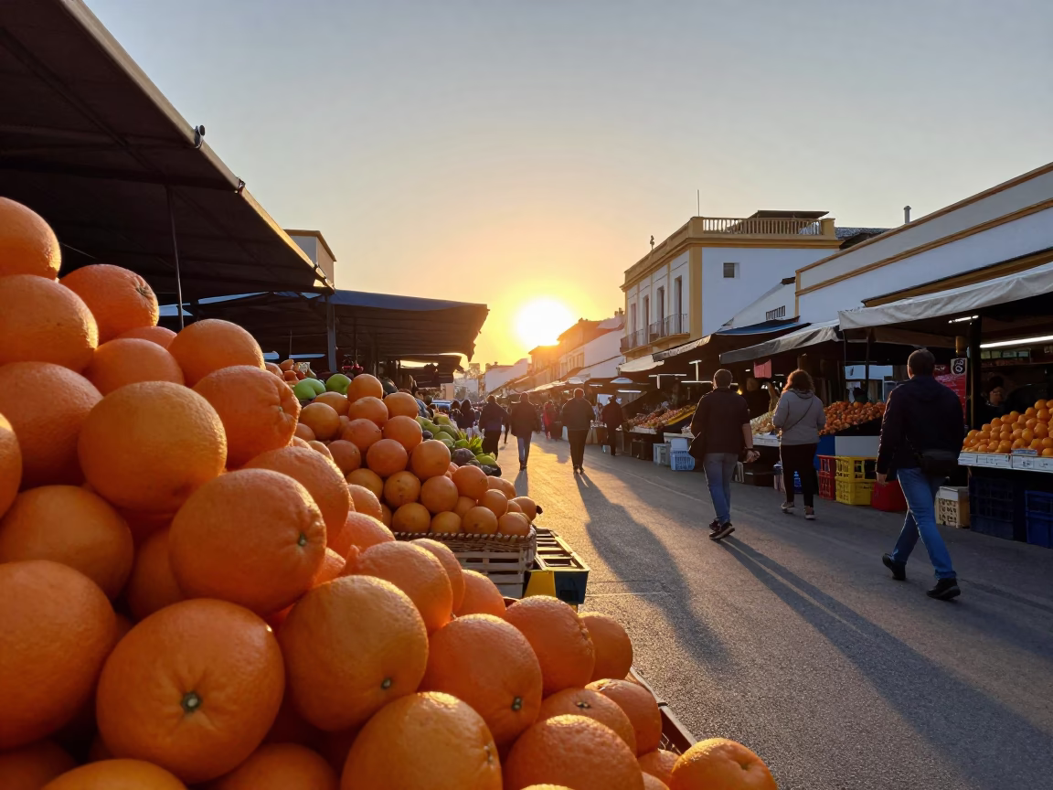 Sunset over Valencia Spain street market with fresh oranges and ceramic tiles in in Valencia, Spain