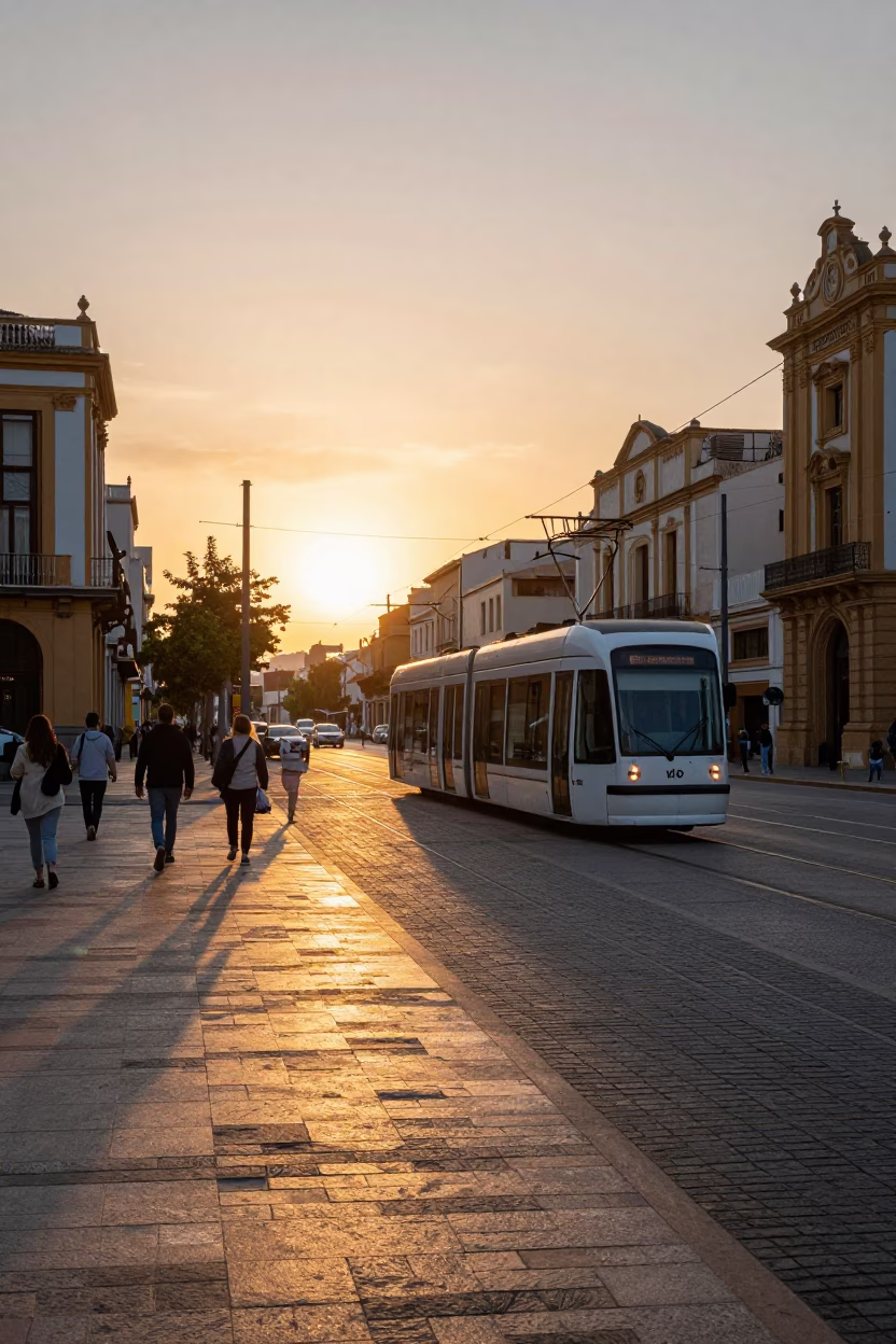 Sunset over Valencia Spain Tram and Urban Street Scene at Dusk in in Valencia, Spain