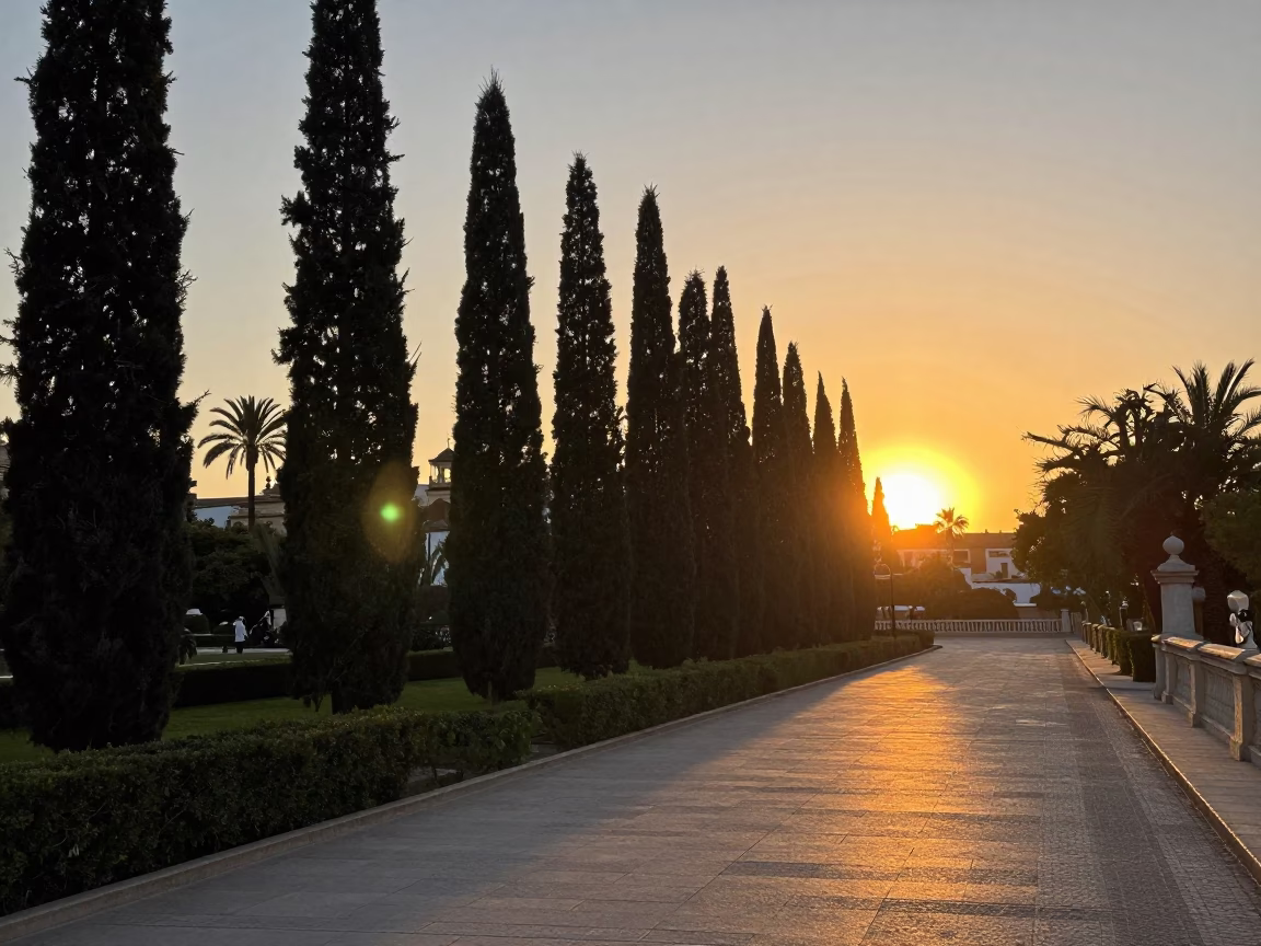 Sunset Over Valencia Spain Turia Gardens Cypress Trees and Classic Bus on Winding Road in in Valencia, Spain