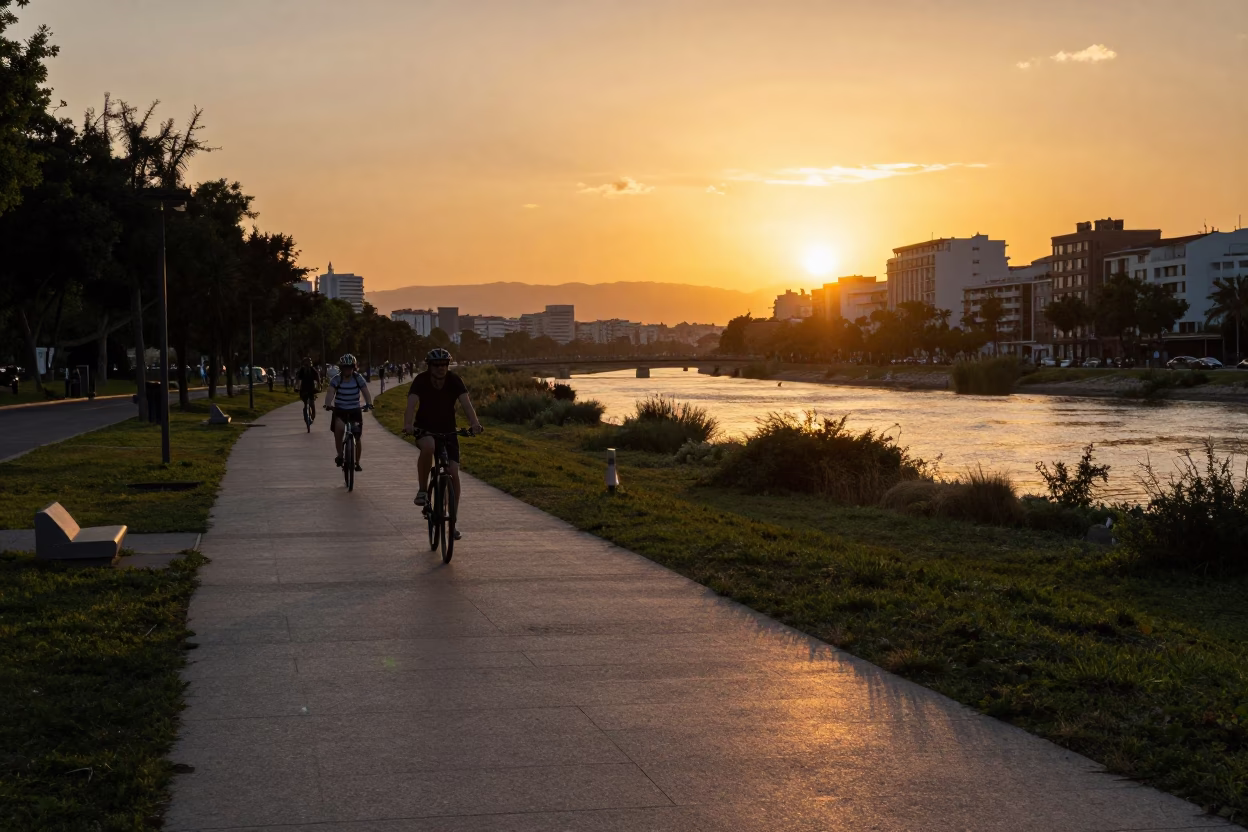 Sunset over Valencia Spain Turia River Park with cyclists and traditional architecture in in Valencia, Spain