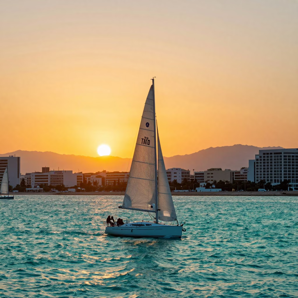 Sunset over Valencia Spain waterfront with sailboat tacking into headwind and tourists enjoying baguettes in in Valencia, Spain