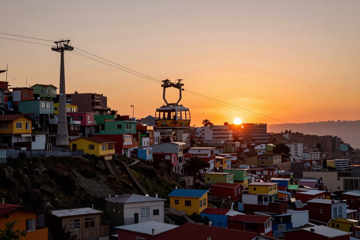 Sunset Over Valparaiso Chile Colorful Hills And Cable Car in in Valparaiso, Chile