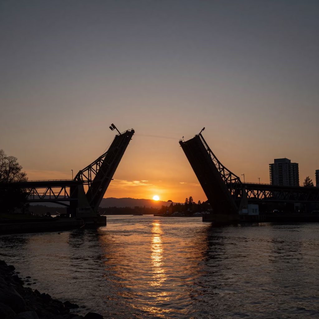 Sunset over Vancouver Harbour Bridge Drawbridge Lifting Above Dark Tidal Channel in in Vancouver, British Columbia, Canada