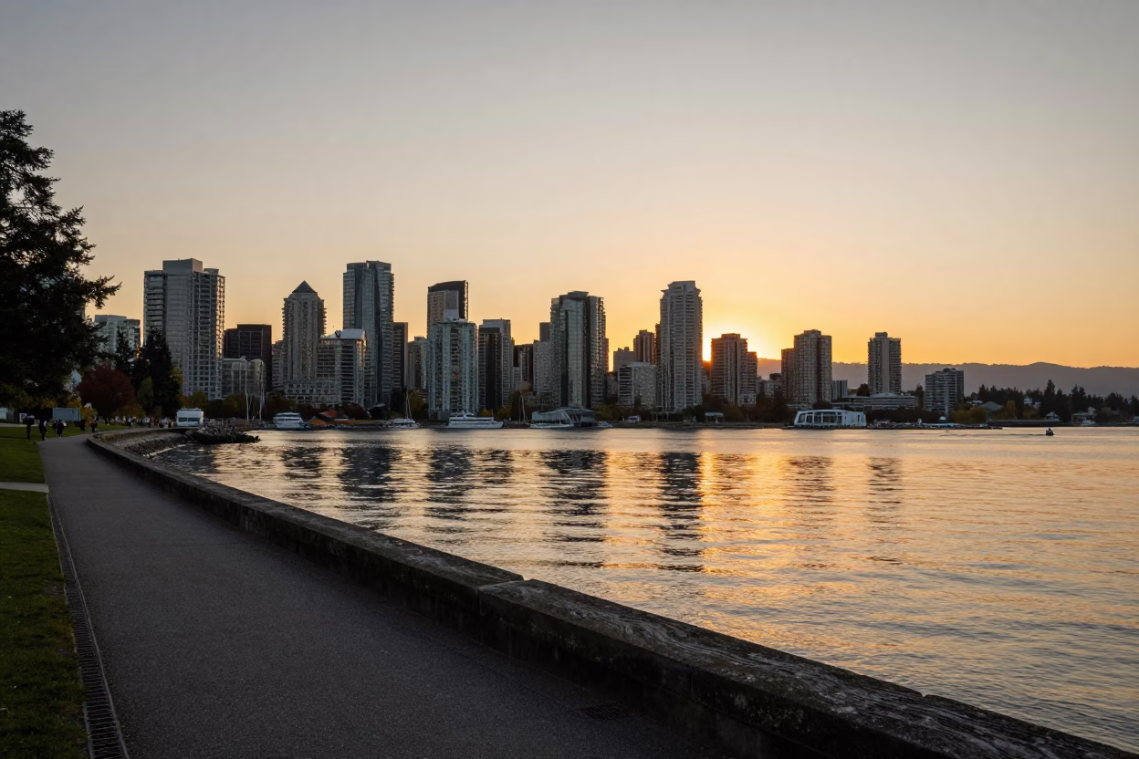 Sunset over Vancouver Harbour with Seawall Walk and City Skyline Reflections in in Vancouver, British Columbia, Canada