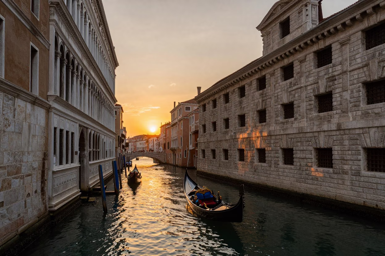 Sunset over Venice Canal with Gondola and Historic Architecture in in Venice, Italy