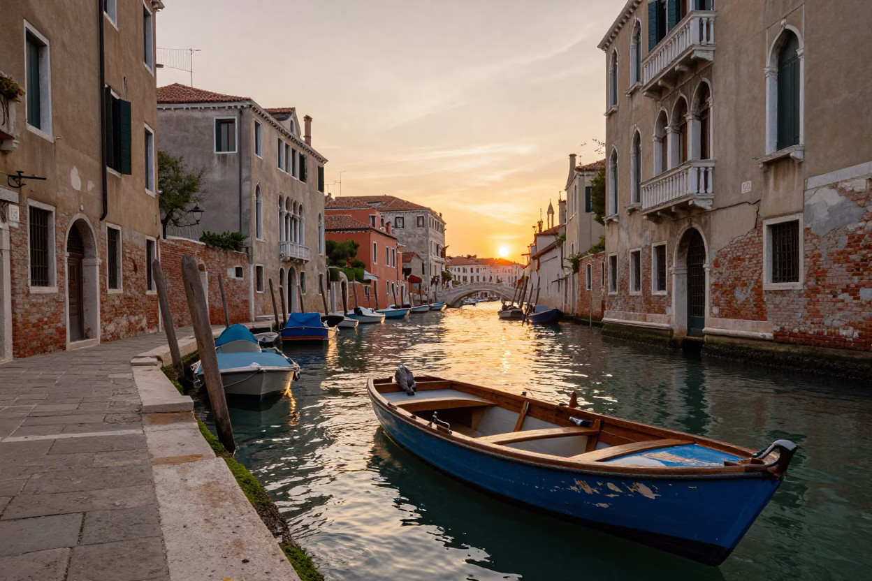 Sunset over Venice Italy canal with colorful boats and historic architecture in in Venice, Italy