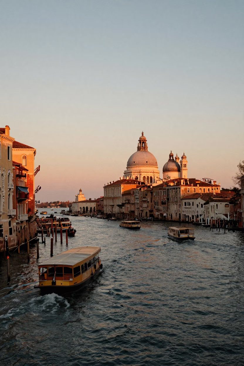 Sunset over Venice Italy Grand Canal bustling tourist boats and historic palazzos in in Venice, Italy