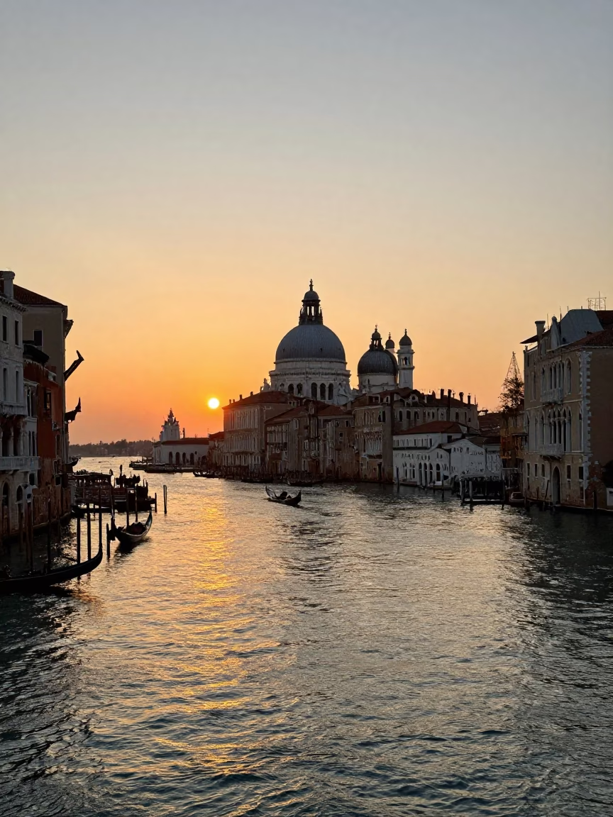 Sunset over Venice Italy Grand Canal with Gondolas and Historic Palazzos in in Venice, Italy