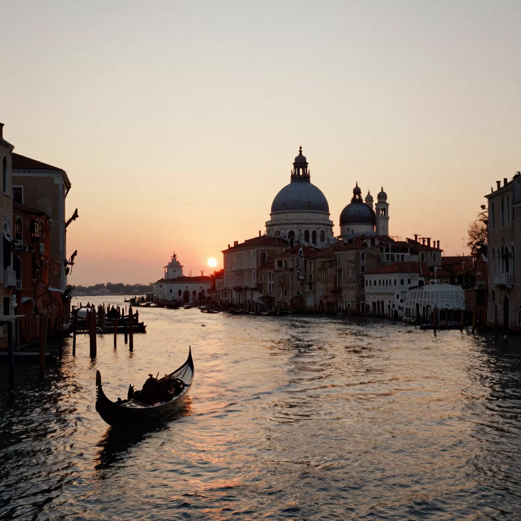 Sunset over Venice Italy Grand Canal with traditional gondola and historic architecture in in Venice, Italy
