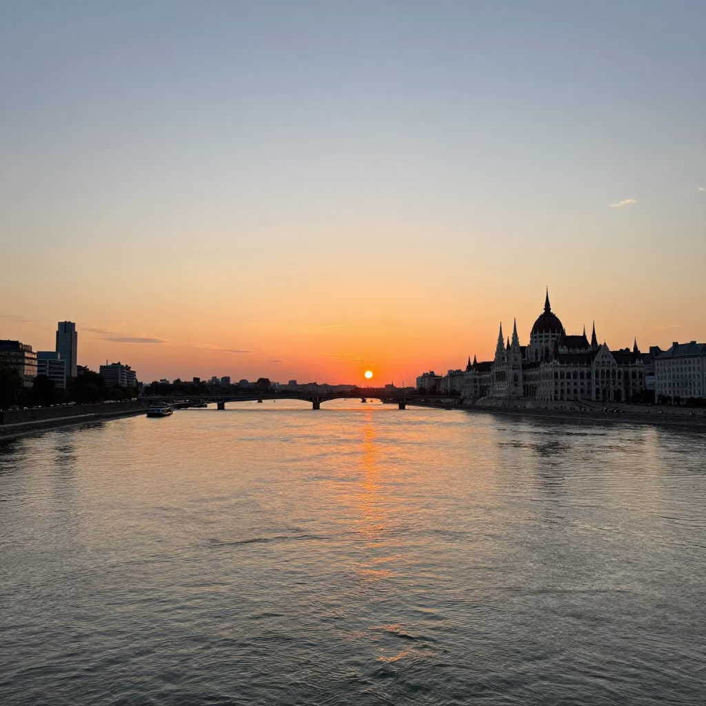 Sunset over Vienna Austria Danube River with historic architecture and city skyline in in Vienna, Austria