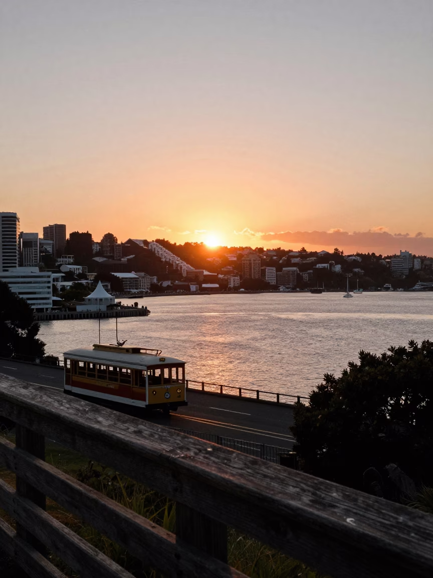 Sunset over Wellington Harbour with Cable Car and City Skyline from Mount Victoria in in Wellington, New Zealand