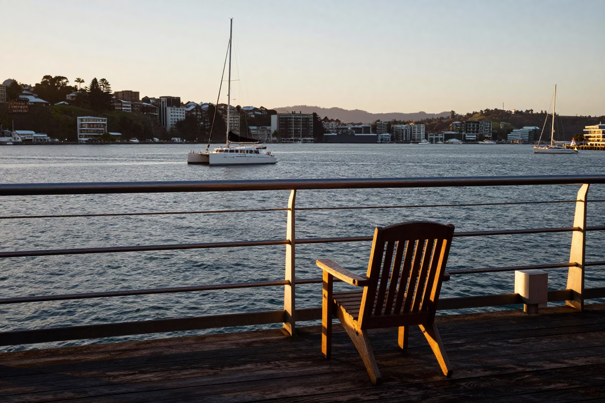 Sunset over Wellington Harbour with Catamaran and Coastal Chair in in Wellington, New Zealand