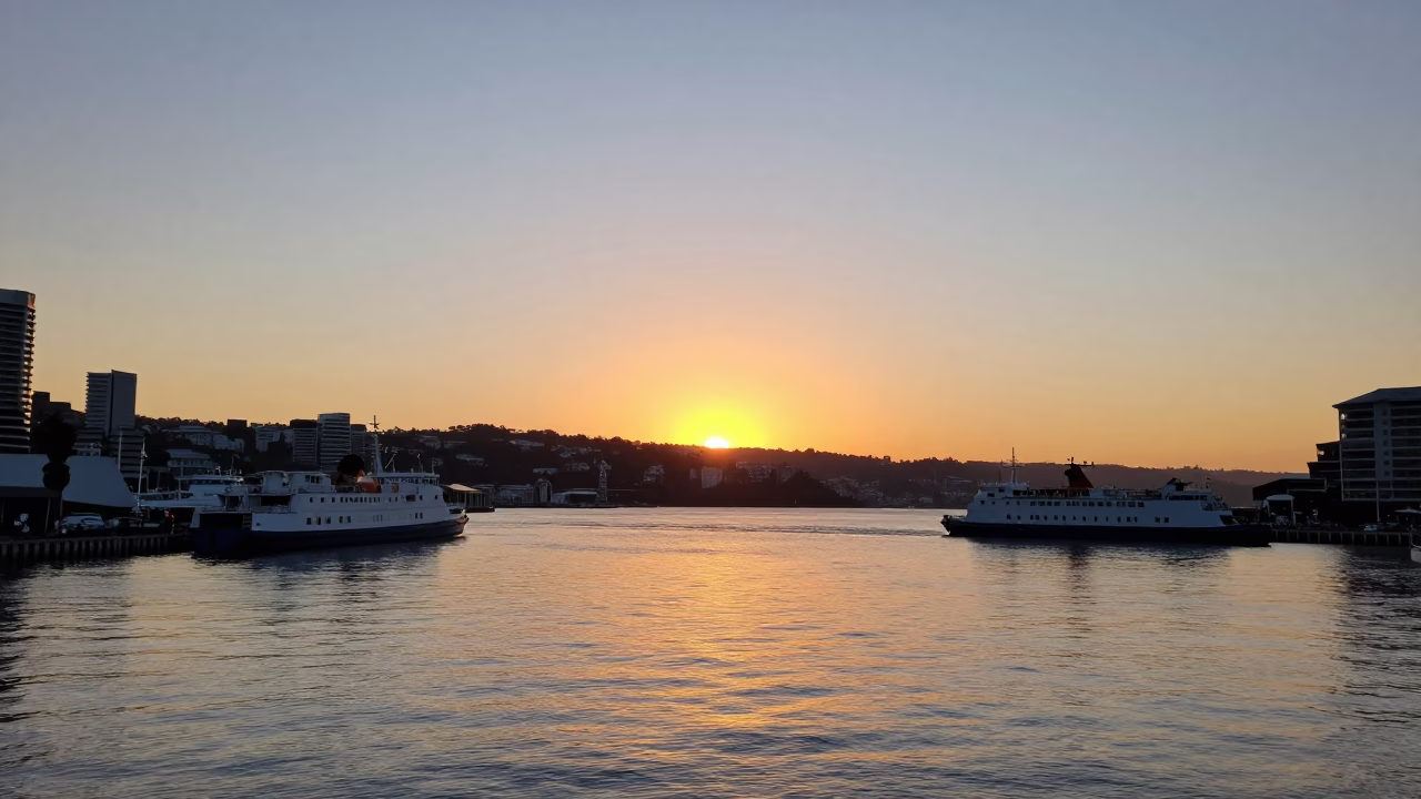 Sunset Over Wellington Harbour With Ferries And City Skyline in in Wellington, New Zealand