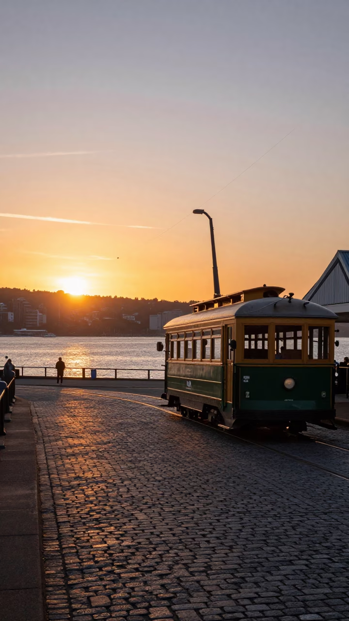 Sunset Over Wellington Harbour With Heritage Tram On Cobblestone Avenue in in Wellington, New Zealand