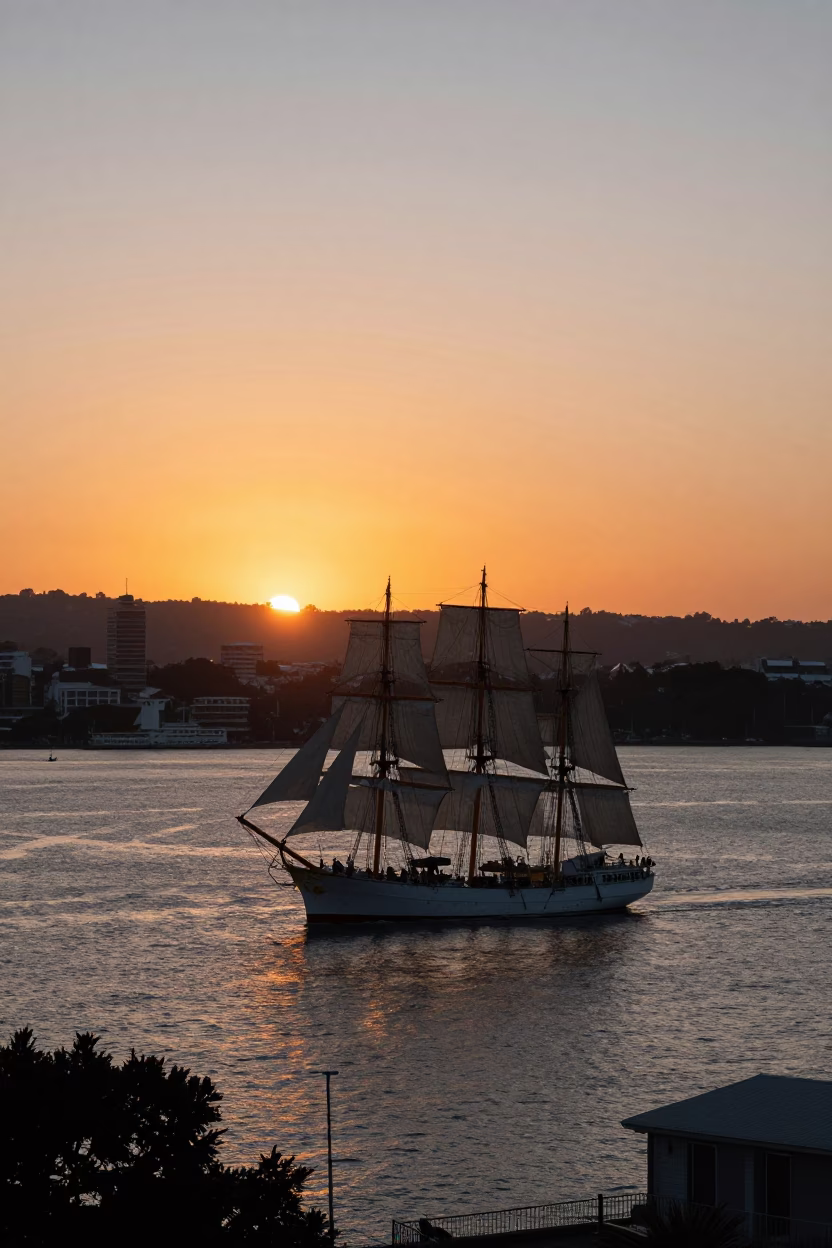 Sunset over Wellington Harbour with Tall Ship and Fire Engine in Background in in Wellington, New Zealand