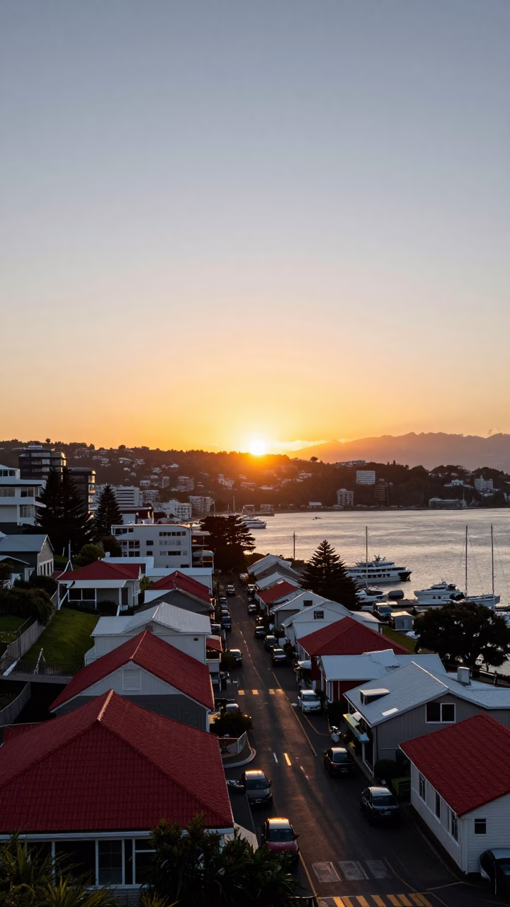 Sunset over Wellington New Zealand Harbor with Red Roofs and Boats in in Wellington, New Zealand