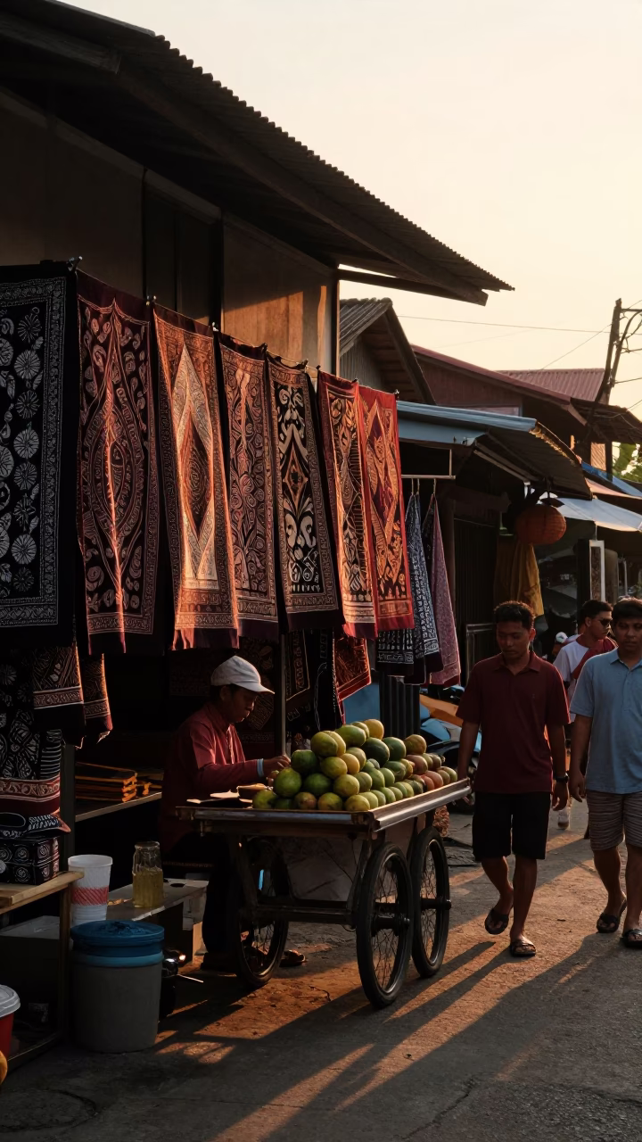 Sunset over Yogyakarta Indonesia with traditional batik shop and street life in in Yogyakarta, Indonesia