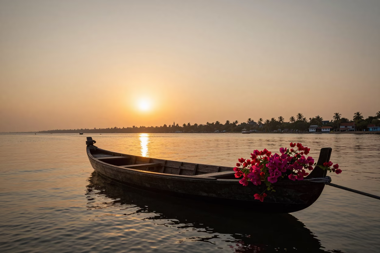 Sunset Overbackwaters Kochi India Vintage Sampan With Flowers And Local Fisherman in in Kochi, India