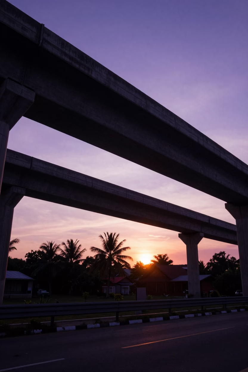 Sunset Overpass Interchange Ramp Slicing Violet Sky in Phuket Thailand in in Phuket, Thailand