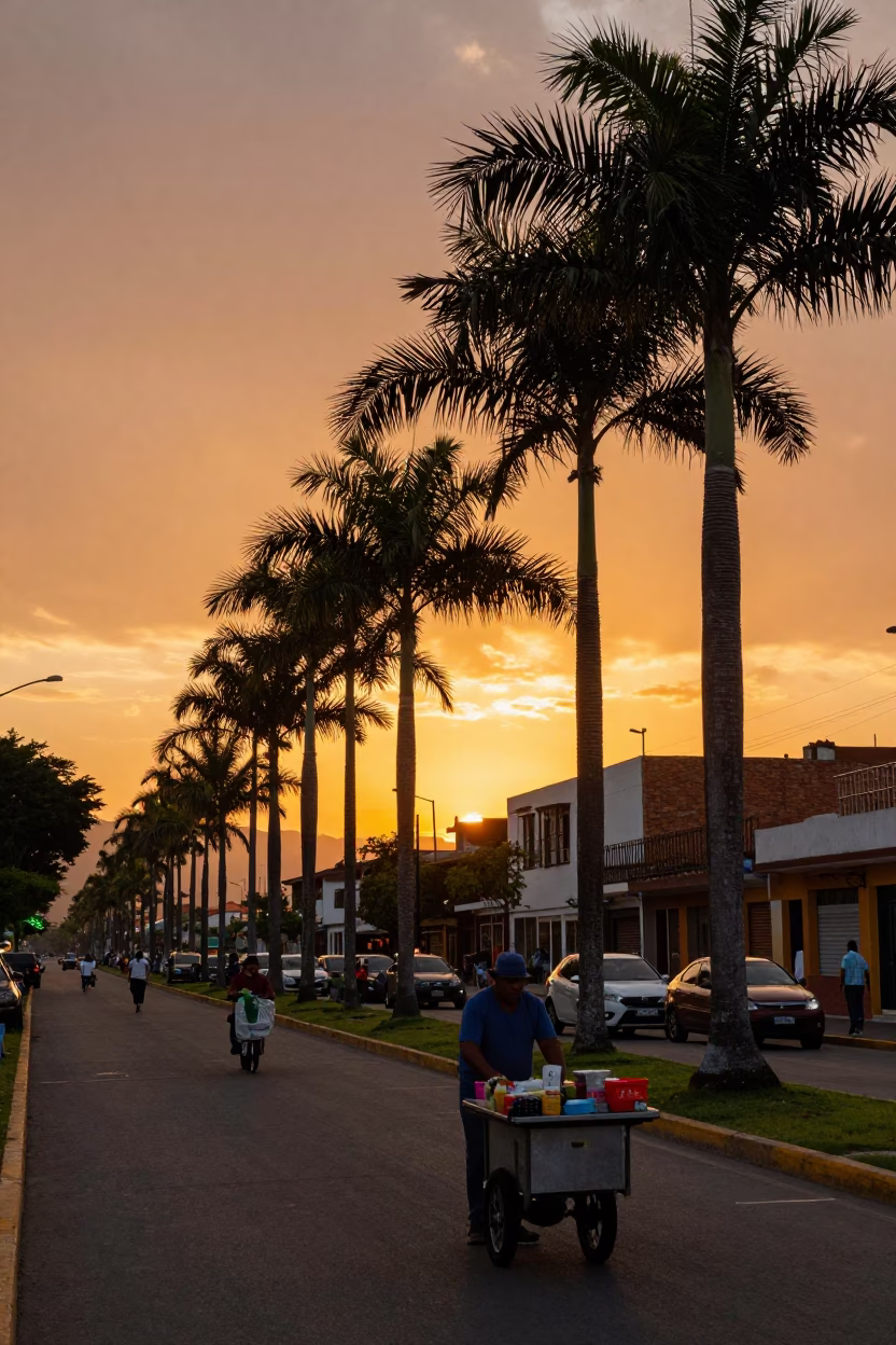 Sunset Palm Tree Avenue in Medellin Colombia with Street Vendors and Traffic in in Medellin, Colombia