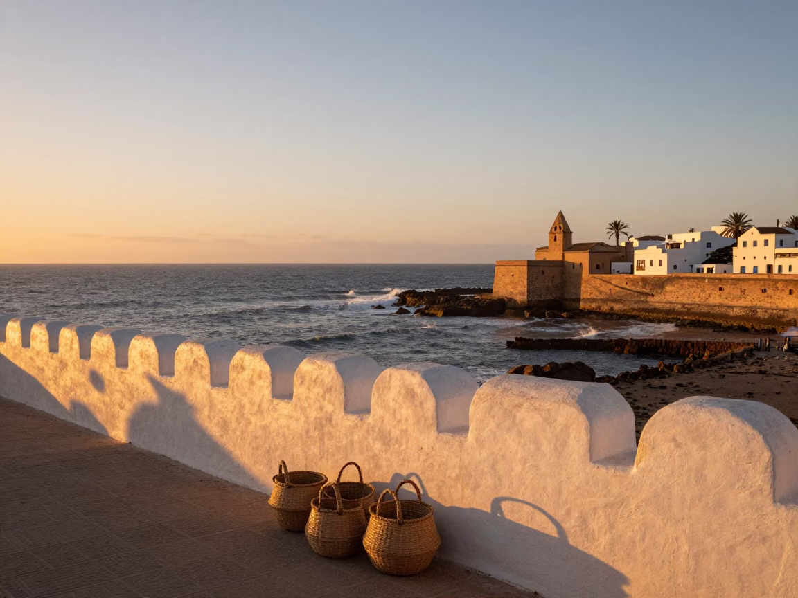 Sunset Panorama of Essaouira Morocco Coastline with Woven Baskets and Clay Pots in in Essaouira, Morocco