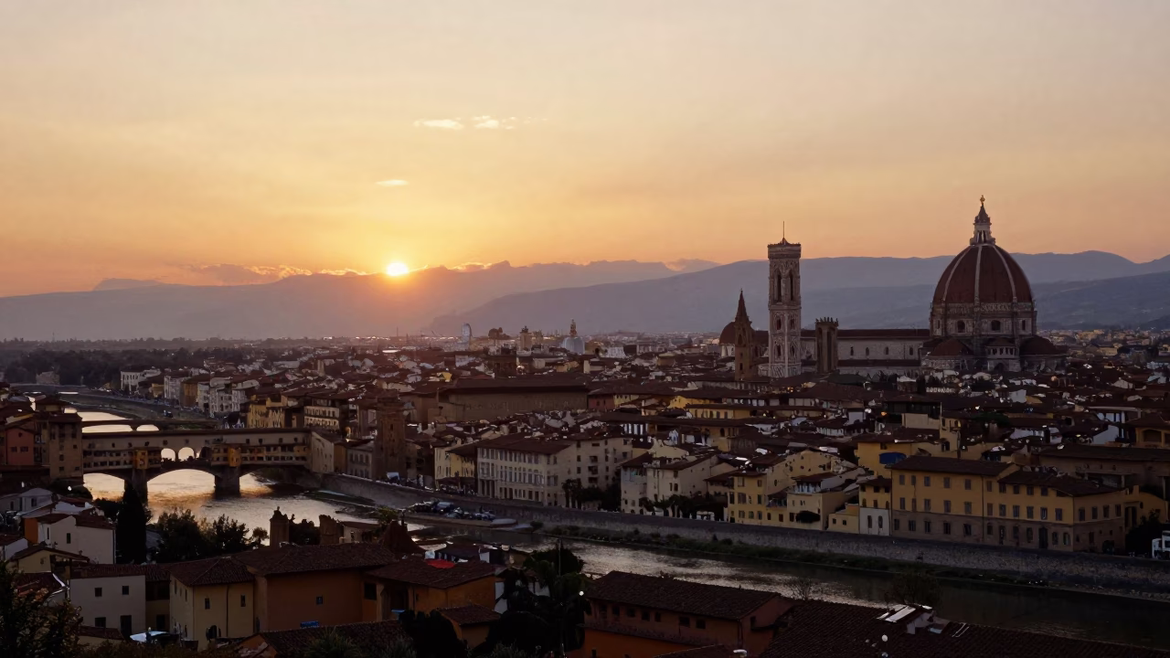 Sunset Panorama of Florence Skyline and Arno River from Piazzale Michelangelo in in Florence, Italy