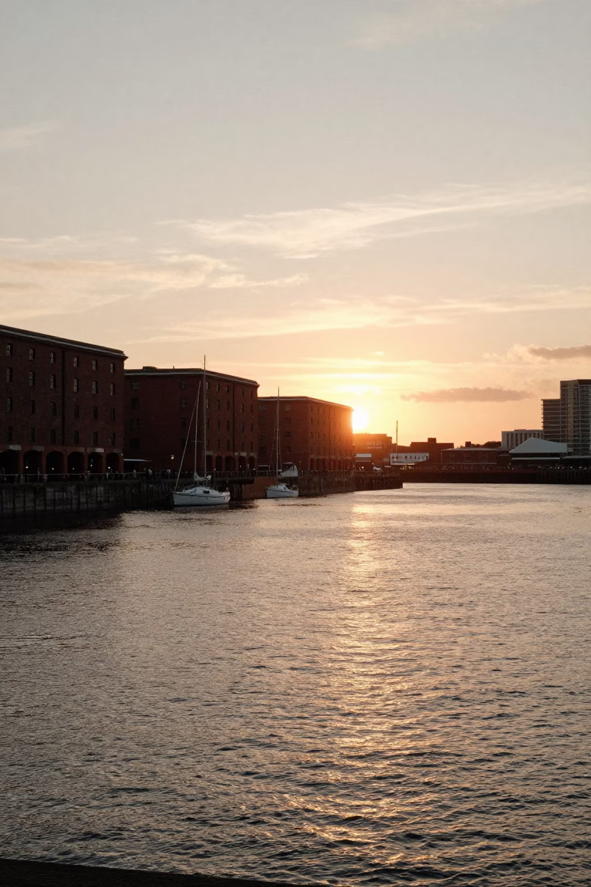 Sunset Panorama of Liverpool Waterfront with Albert Dock and Modern Skyline in in Liverpool, United Kingdom
