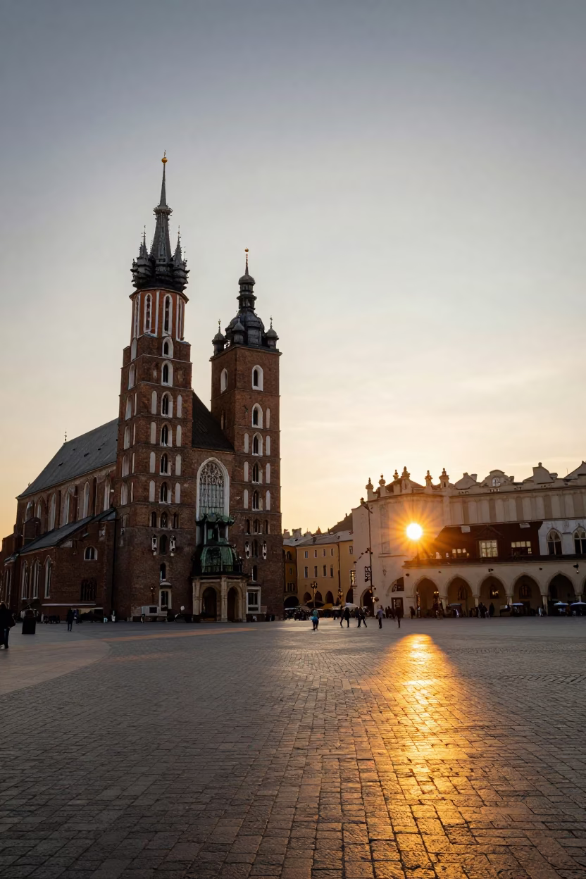 Sunset Panorama of Main Market Square Krakow Poland with St Mary's Basilica and Tourists in in Krakow, Poland