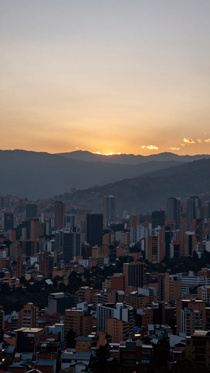 Sunset Panorama of Medellin Colombia Andes Mountains and Urban Skyline at Dusk in in Medellin, Colombia