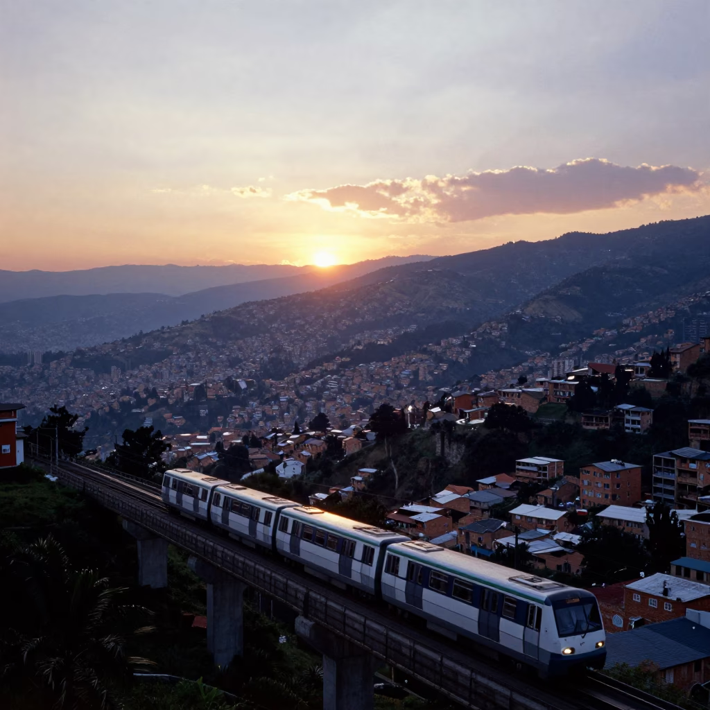 Sunset Panorama of Medellin Colombia Hillsides and Metro Line at Dusk in in Medellin, Colombia