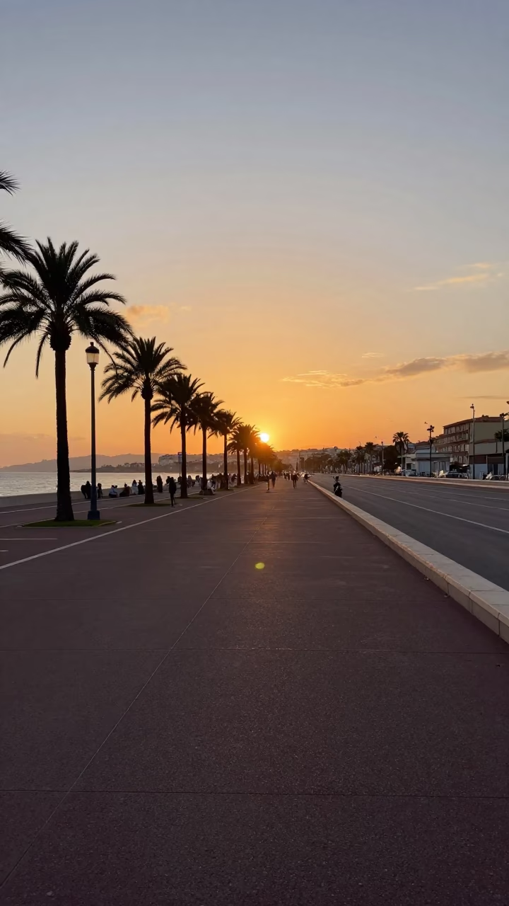 Sunset Panorama of Nice France Promenade des Anglais and Azure Coastline in in Nice, France