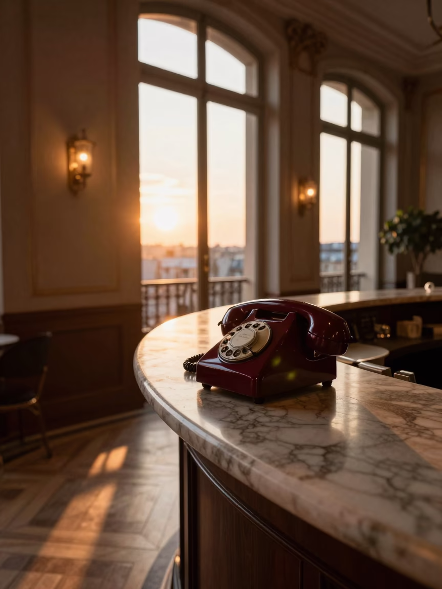 Sunset Paris Hotel Reception Desk Vintage Bakelite Telephone and City View in in Paris, France