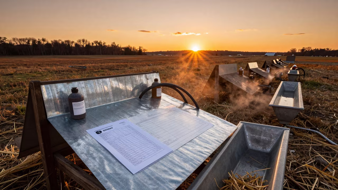 Sunset Pasture Mineral Board with Bottles and Charts in near a windbreak and water trough in Minnesota