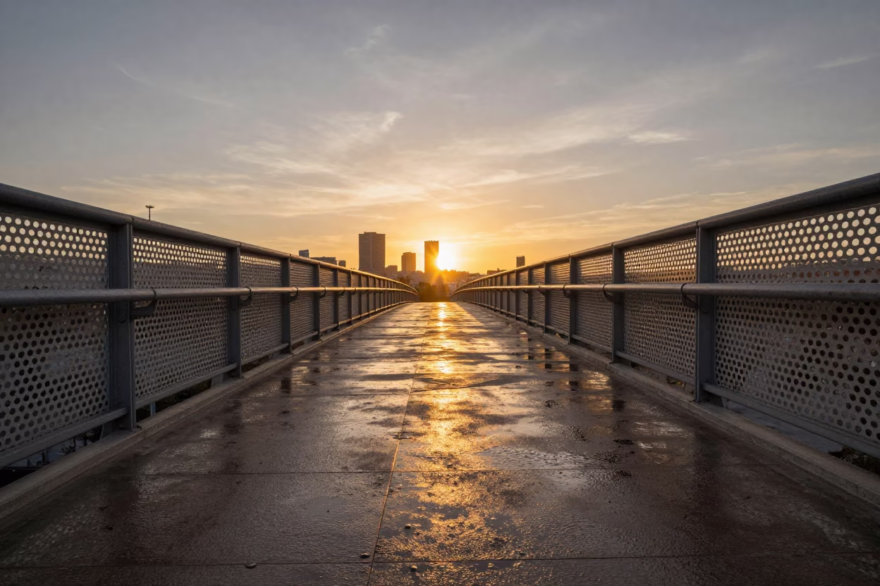Sunset Pedestrian Overpass in Madrid Spain Perforated Metal and Wet Footsteps in in Madrid, Spain