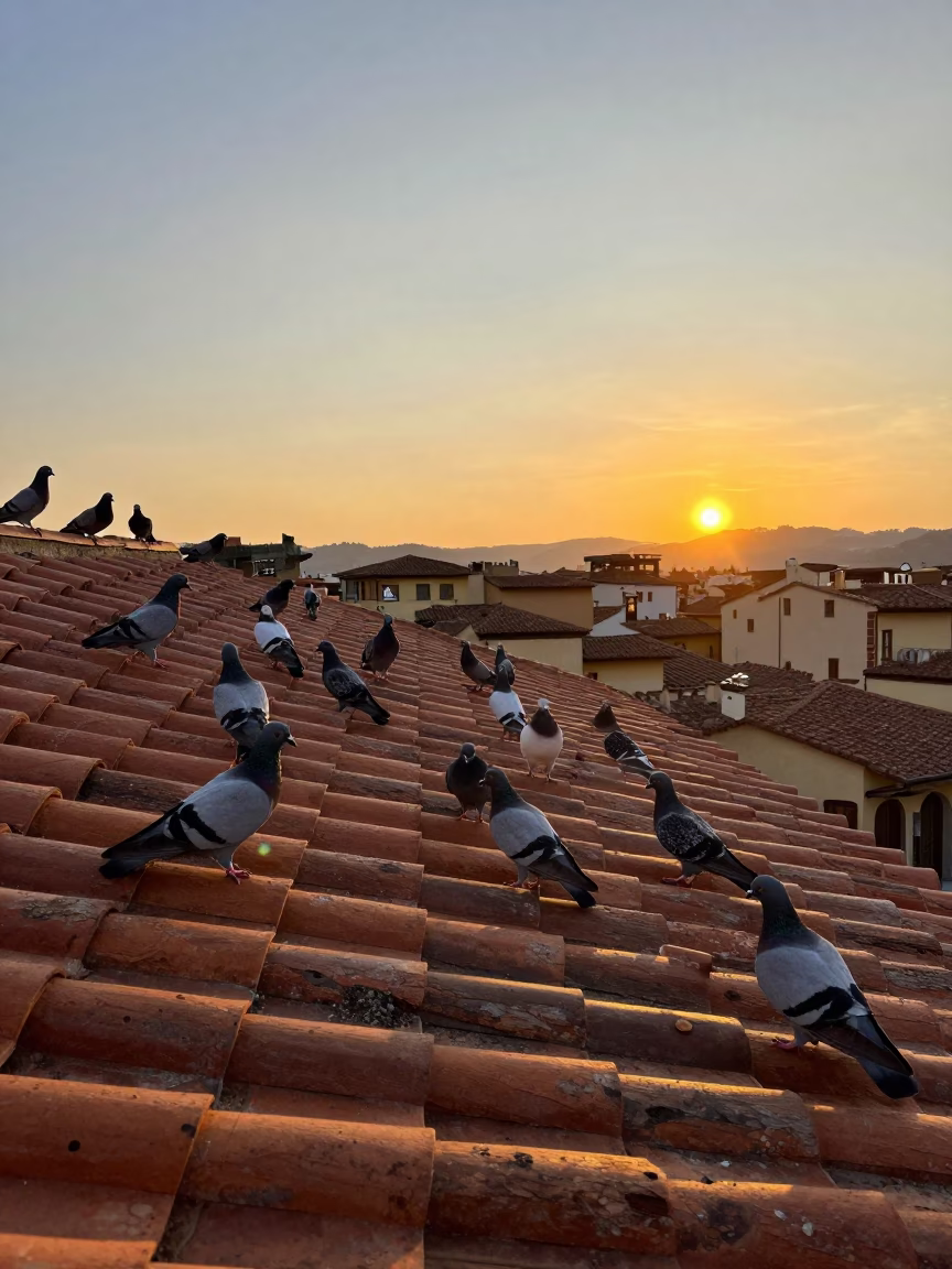Sunset pigeons on historic terracotta roof tiles in Florence Italy in in Florence, Italy