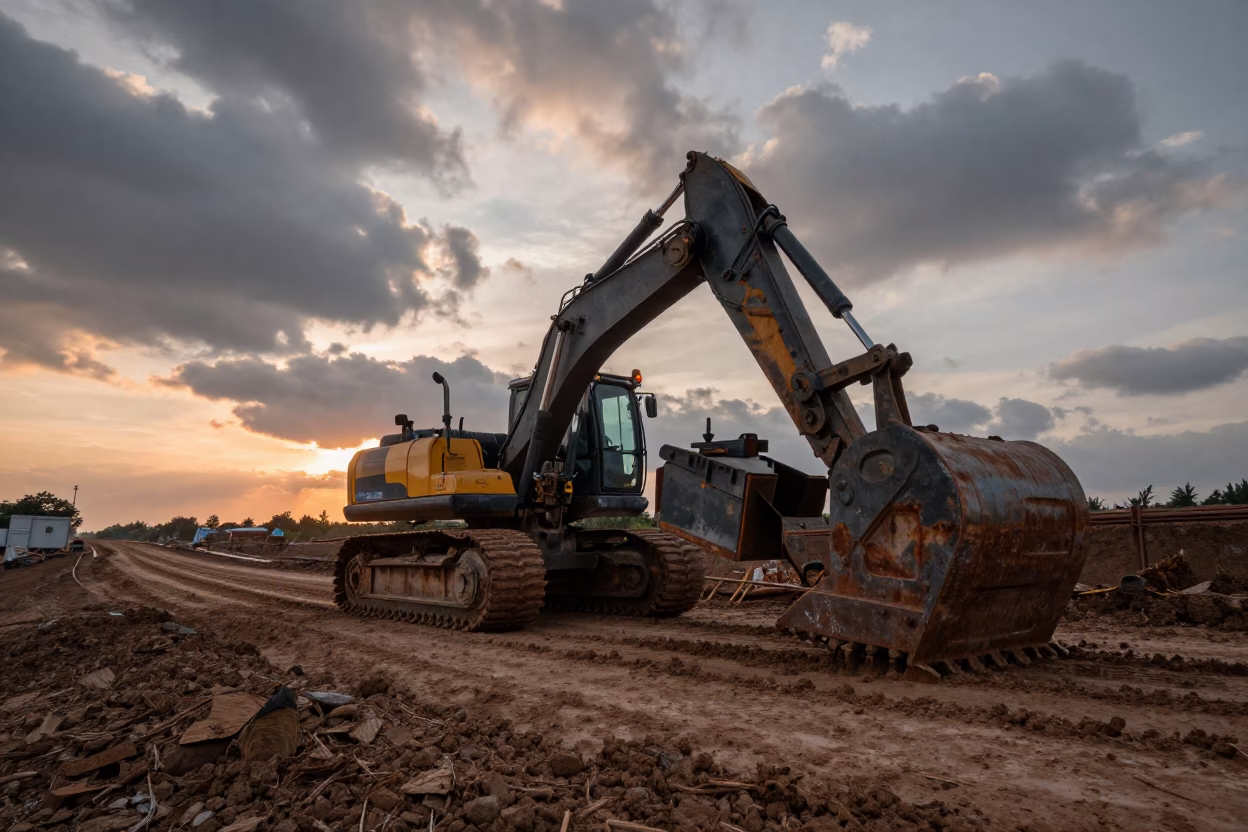 Sunset Pile Driver on Muddy Lira Road in at a muddy site access road near Lira