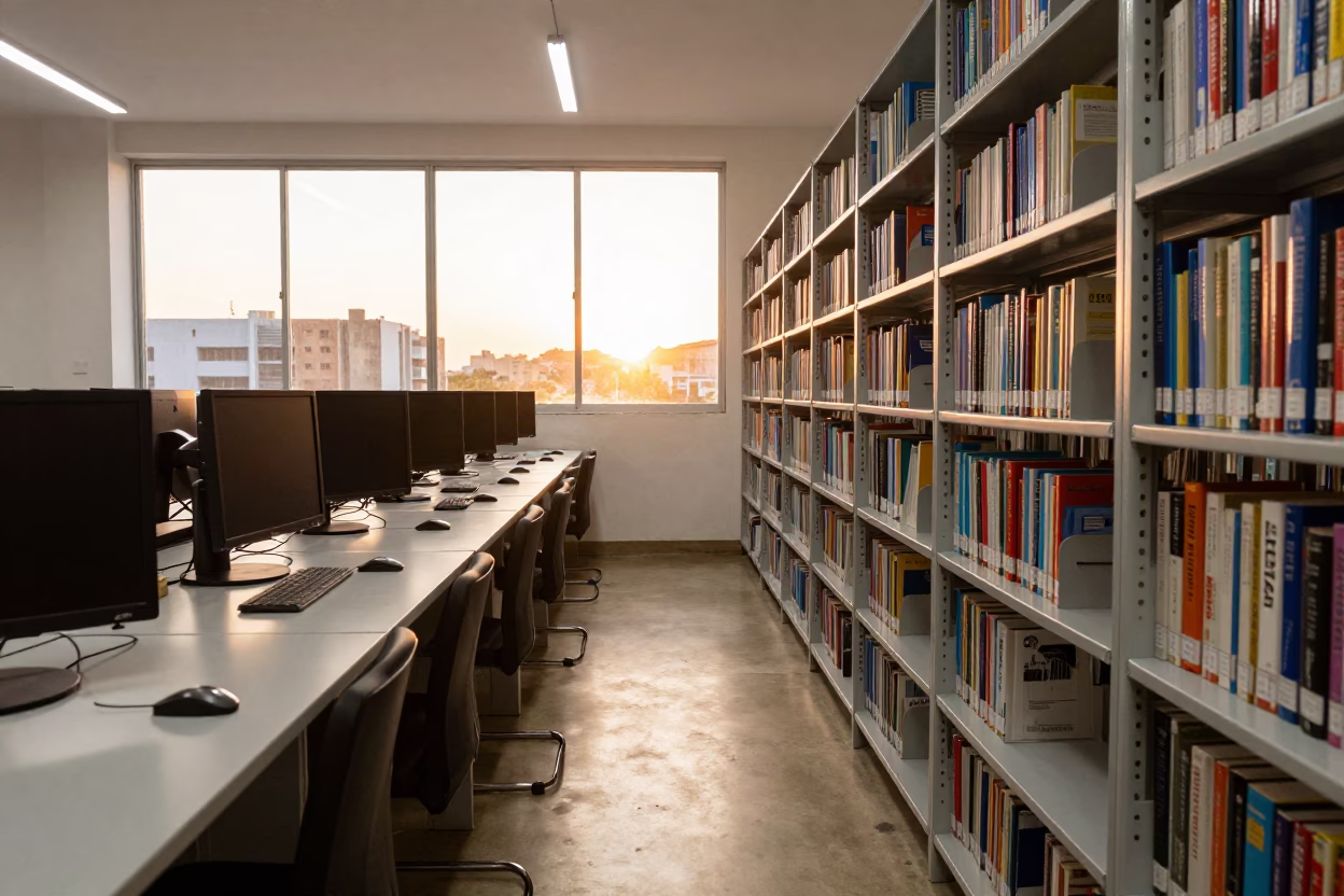 Sunset Pooling on Library Shelves in in a computer lab before lessons near Curitiba