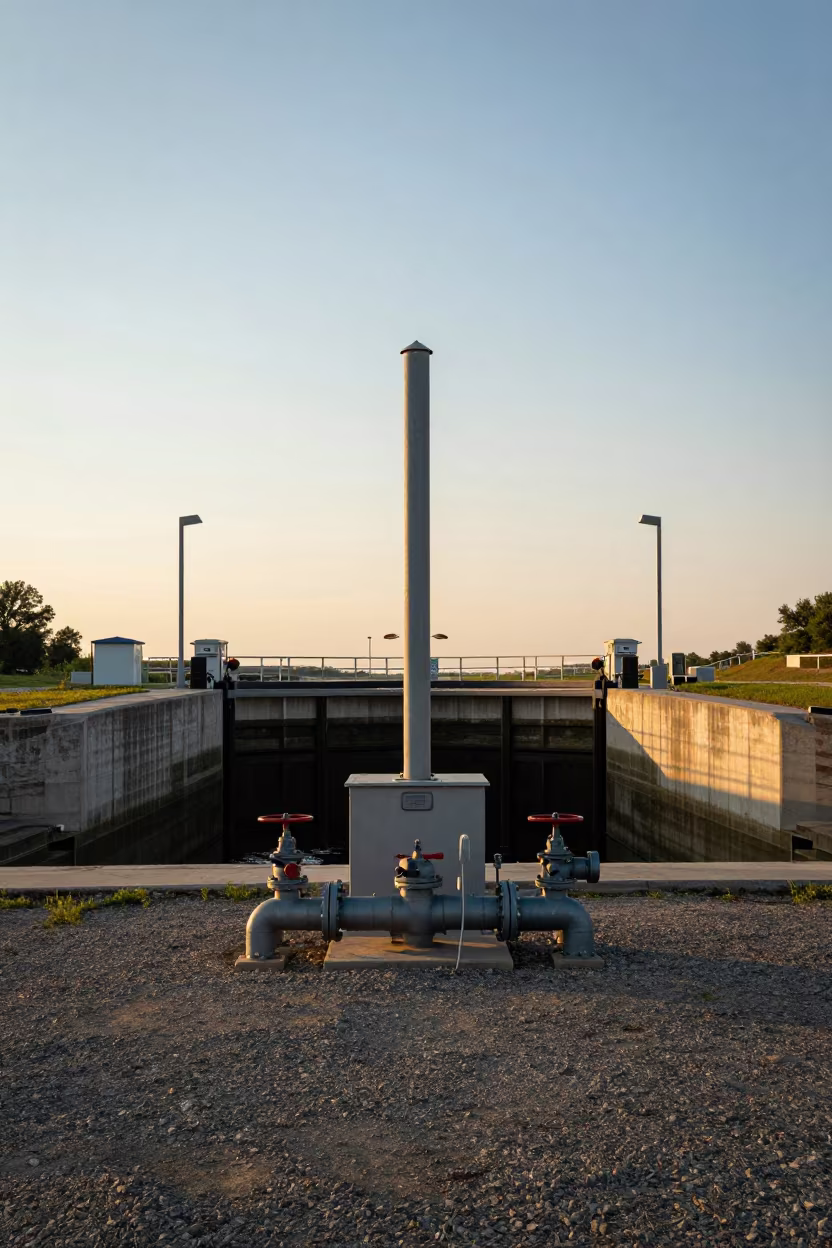 Sunset Pumping Station Beside South Dakota Reservoir in at a canal lock chamber in South Dakota