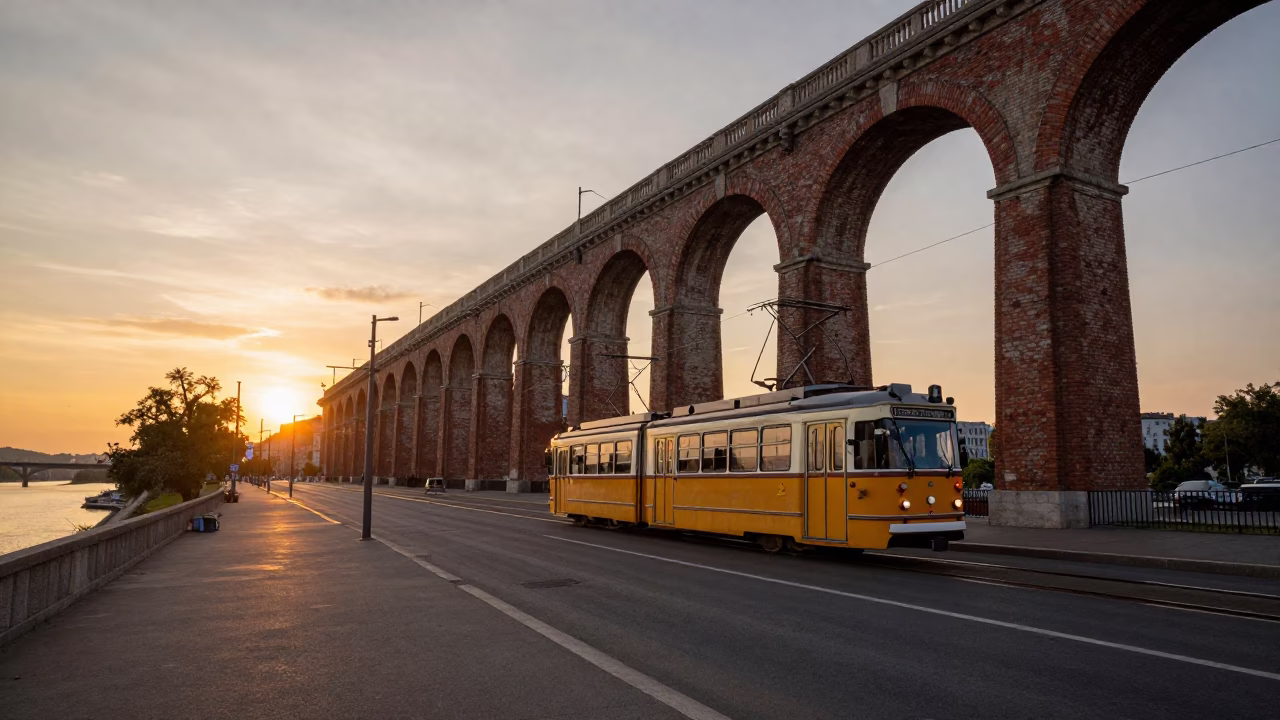 Sunset Railway Viaduct and Heritage Tram in Budapest Hungary in in Budapest, Hungary