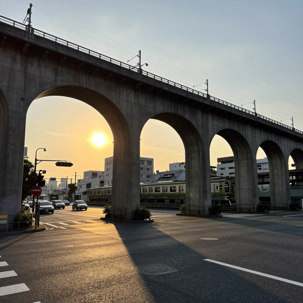 Sunset Railway Viaduct Arch Overpass with Passing Train in Tokyo Japan Cityscape in in Tokyo, Japan