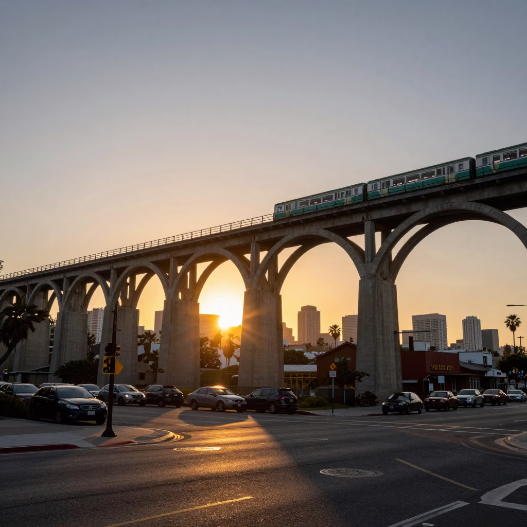 Sunset Railway Viaduct with Passing Train in San Diego California in in San Diego, California, United States