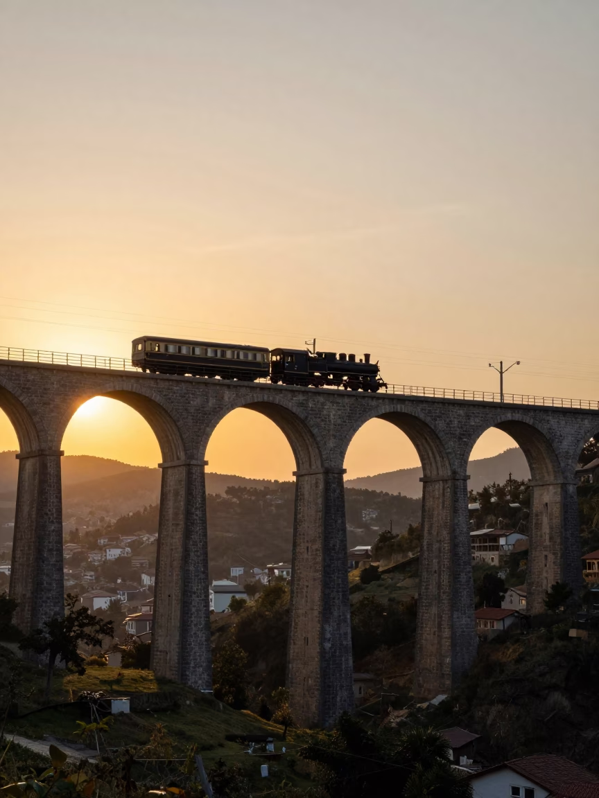 Sunset Railway Viaduct with Steam Train Over Izmir Turkey Valley in in Izmir, Turkey