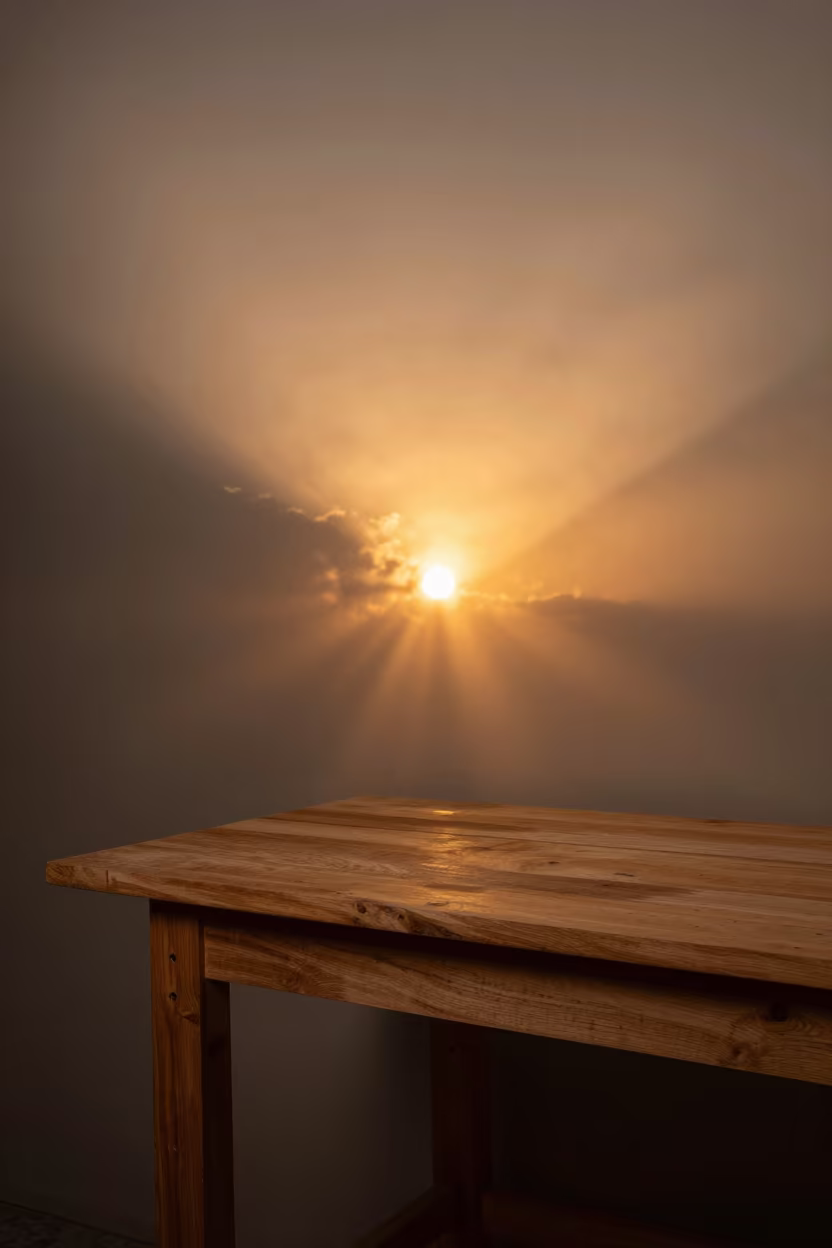 Sunset Rays Over Wooden Workbench in Cholon in on a wooden workbench near Cholon, Ho Chi Minh City
